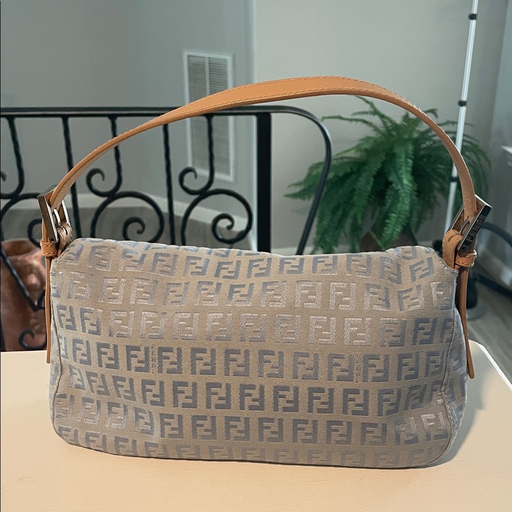 Fendi Light Blue Monogram Shoulder Bag with Tan Leather Strap -Zucchino - Picture 2 of 15